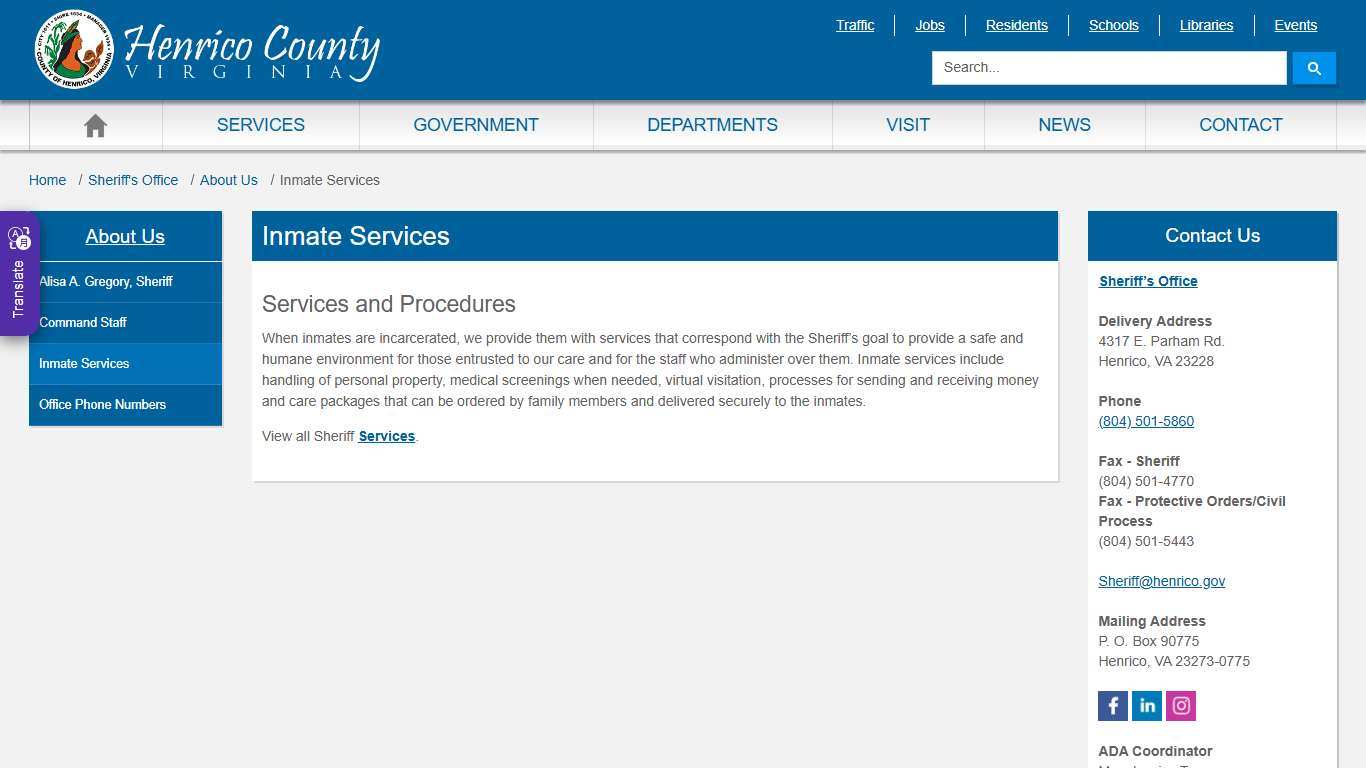 Inmate Services » Henrico County, Virginia